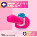 Phthalate free, body safe, soft and stretchy: blue Pleasure Ring on a pink display dildo (dildo not included)