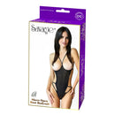 Be Savage Sheer Open Bust Bodysuit in black, one size: sheer strappy open-bust bodysuit with cut-out sides, in its box