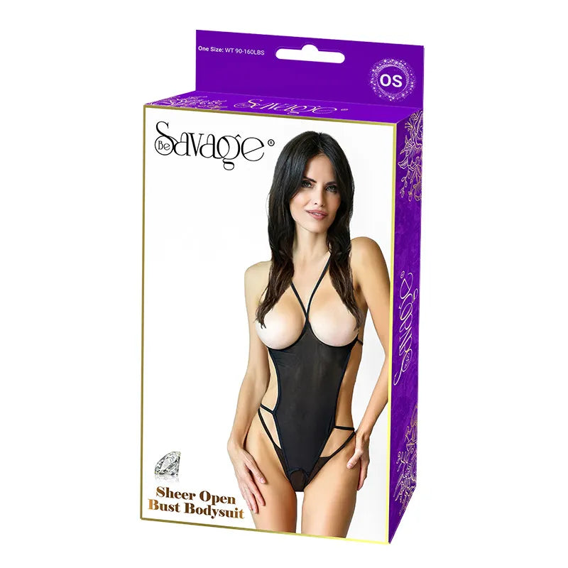 Be Savage Sheer Open Bust Bodysuit in black, one size: sheer strappy open-bust bodysuit with cut-out sides, in its box