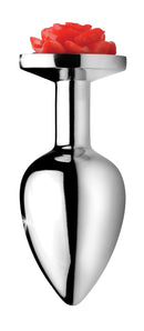 Side view of the medium red rose plug showing its slim neck and tapered metal bulb