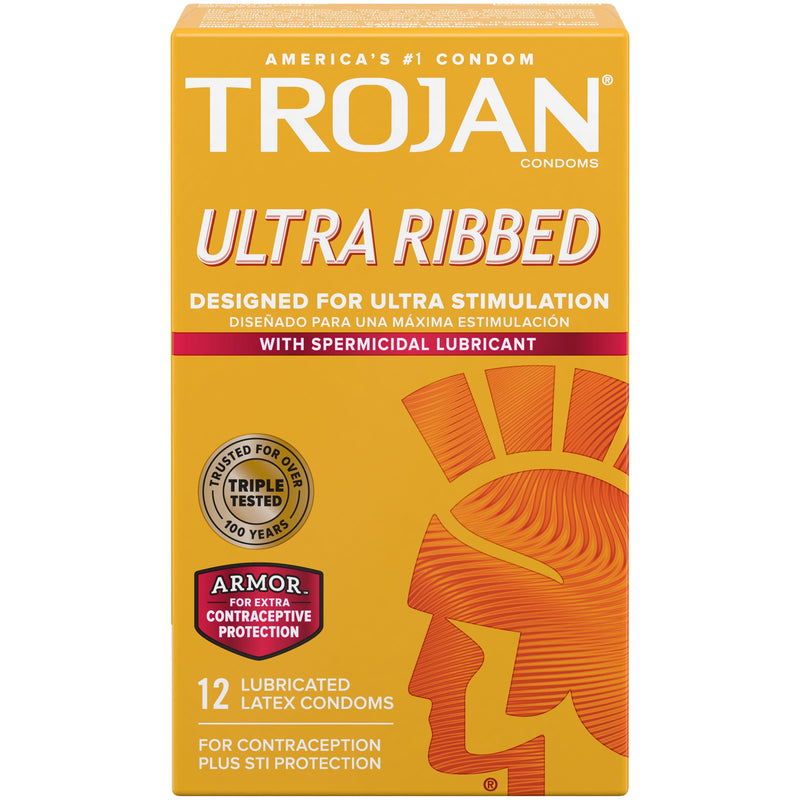 Trojan Ultra Ribbed latex condoms with spermicidal lubricant, 12 pack: orange box with red Armor badge