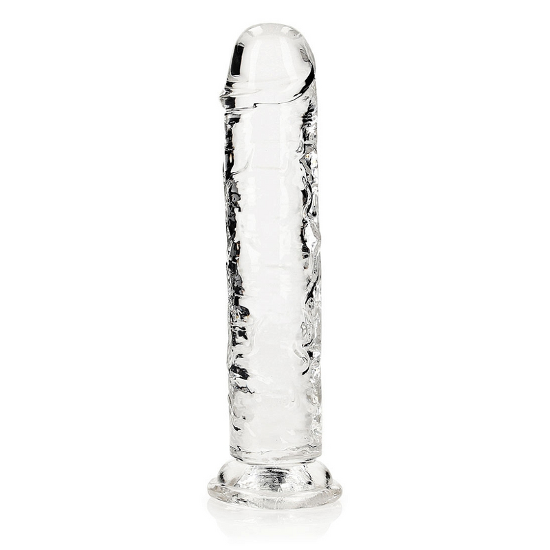 RealRock 8 inch dildo in clear: transparent realistic veined dildo without balls on a suction cup, angled view