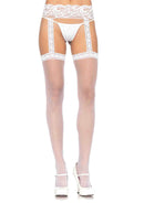 SHEER LACE TOP STOCKINGS WITH ATTACHED GARTER BELT WHITE O/S