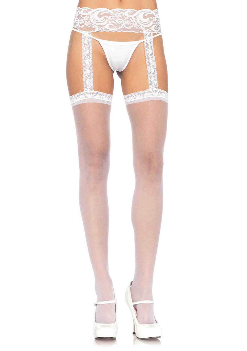 SHEER LACE TOP STOCKINGS WITH ATTACHED GARTER BELT WHITE O/S