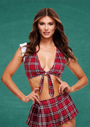 Red plaid costume set: tie-front crop top with white collar and pleated mini skirt, front view on a model