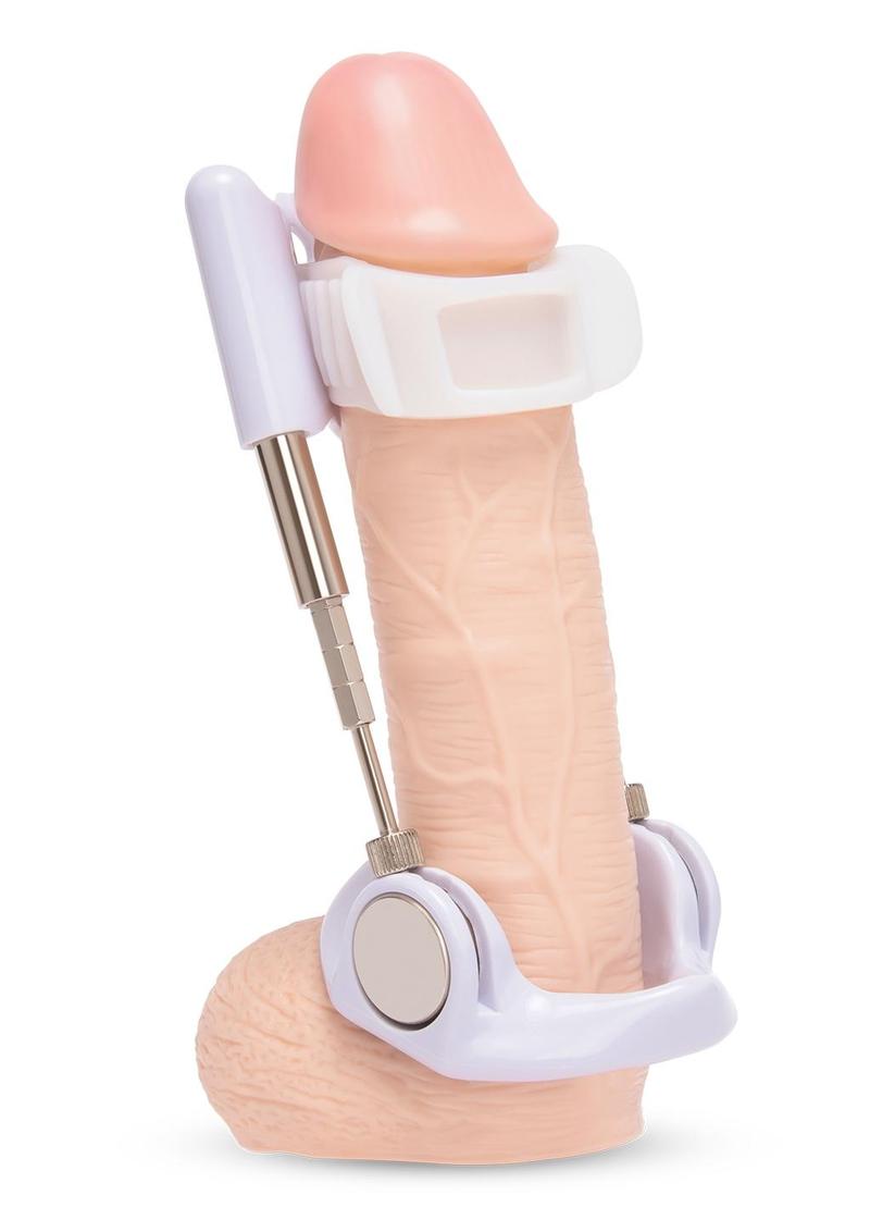 Size Up 10 piece penis enlargement kit: white and lavender extender with adjustable metal rods on a realistic display model