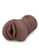 Zolo Stroked Off Diva Pussy Stroker: brown realistic vagina masturbator with a ribbed body, angled view