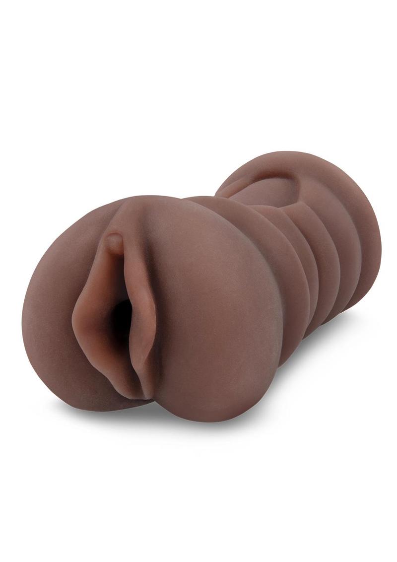 Zolo Stroked Off Diva Pussy Stroker: brown realistic vagina masturbator with a ribbed body, angled view