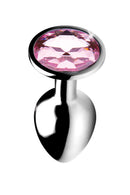 Booty Sparks Pink Gem anal plug, small: polished aluminum plug with a round pink jewel base