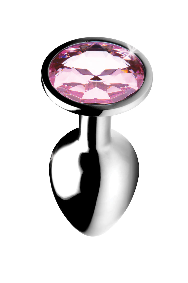 Booty Sparks Pink Gem anal plug, small: polished aluminum plug with a round pink jewel base