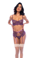 FLORAL LACE TOP, BOTTOM, & GARTER MULBERRY XLARGE