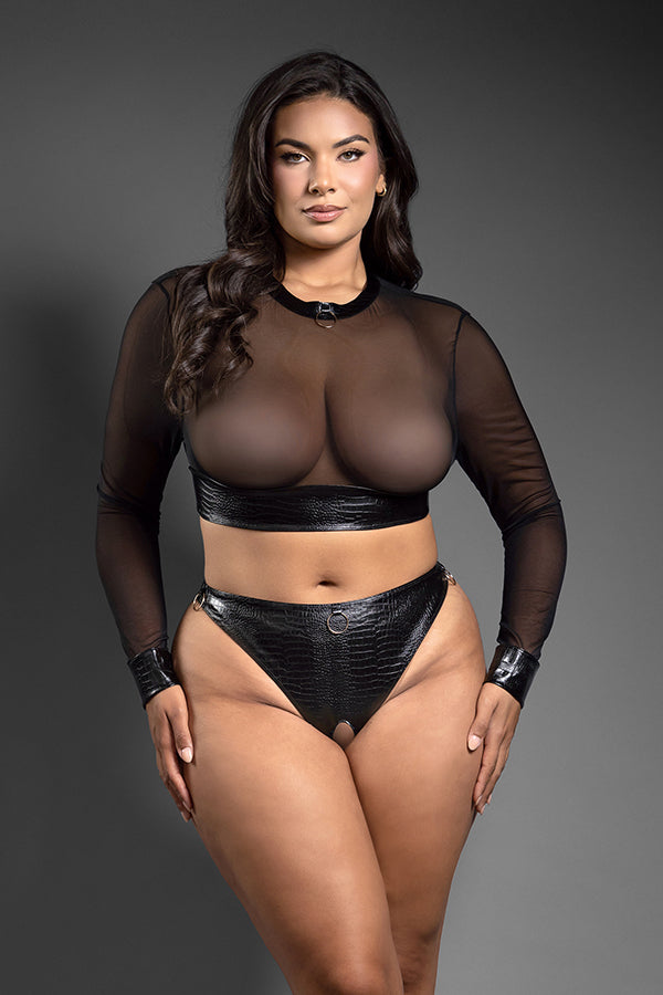 DOMINA LONG SLEEVE TOP & CROTCHLESS PANTY BLACK P/S