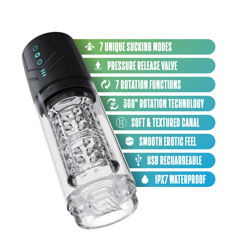 Blush Whirlwind Pro: black and clear rotating and sucking masturbator. 7 suction modes, 7 rotation functions, IPX7