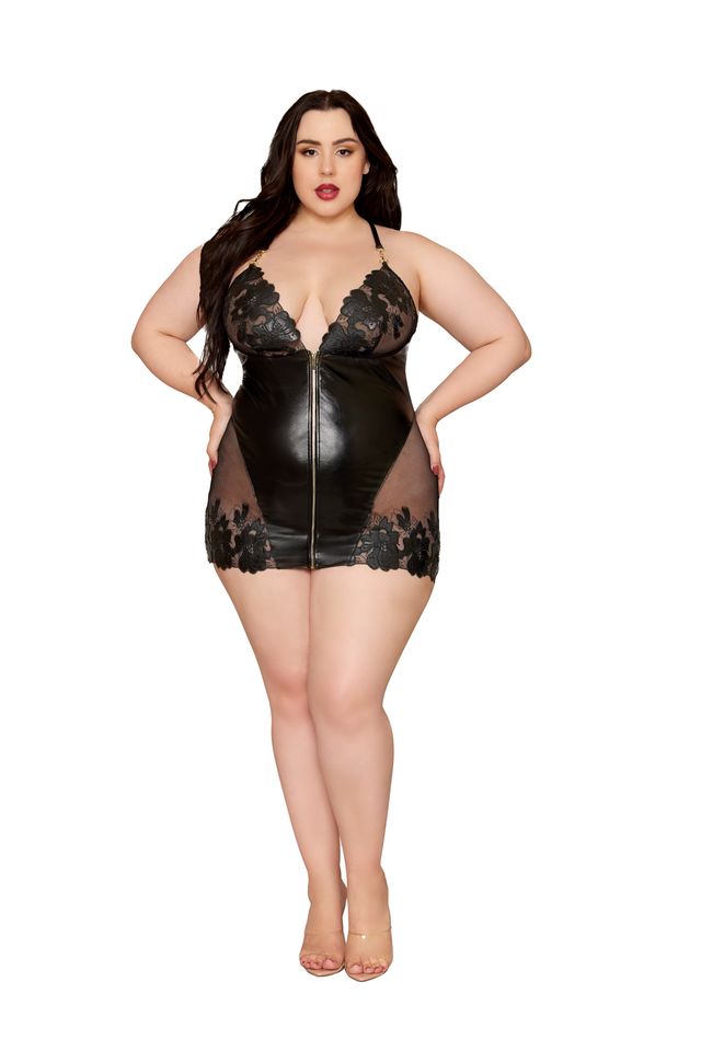 WETLOOK & LACE CHEMISE BLACK 2X