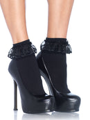 LACE RUFFLE NYLON ANKLET SOCKS BLACK
