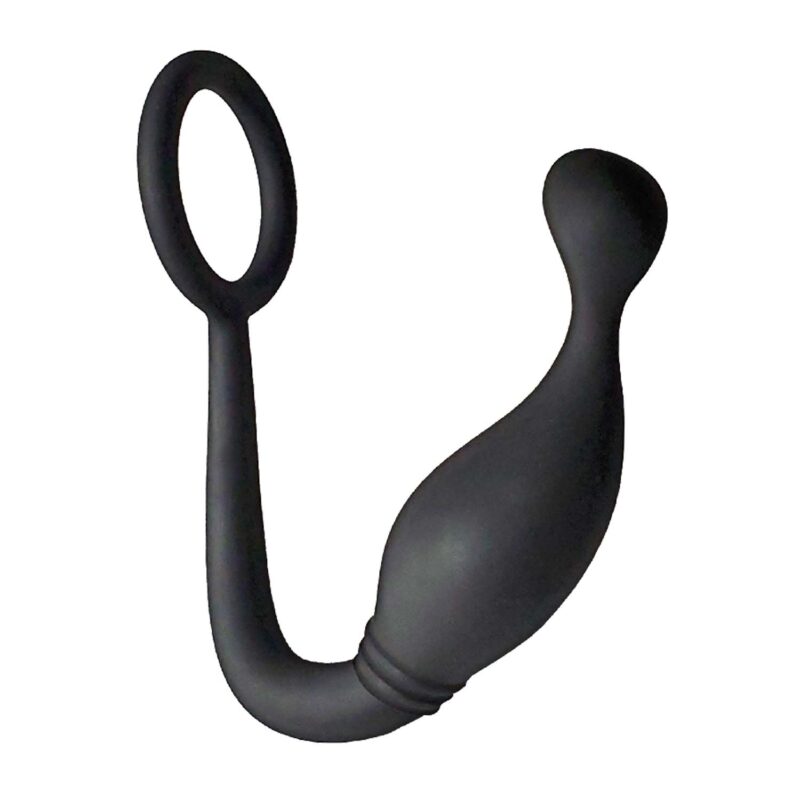 Nasstoys Butts Up Sock Ting and Plug in black: silicone cock ring joined to a curved anal plug with a rounded tip