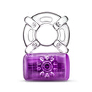 Front view of the purple Pleasure Ring showing the stretchy clear ring and nubbed vibrator