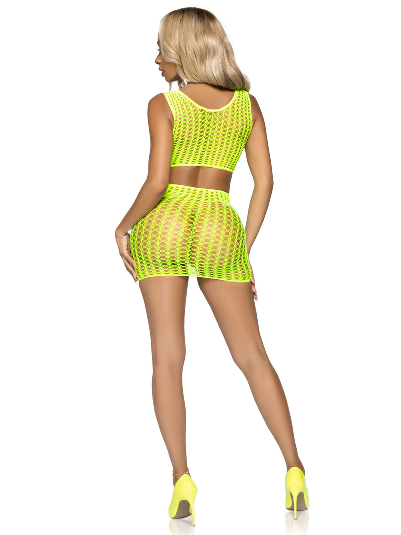 2PC CROCHET NET CROP TOP & MINI SKIRT YELLOW O/S