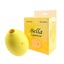 Bella Squeeze in yellow: lemon-shaped mini clitoral vibrator with one button, beside its yellow box