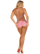 Back view of the pink rhinestone set showing the halter ties, G-string and sheer sarong