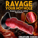 Bulging veins for added stimulation: red Hell-Hound dildo lying on its side