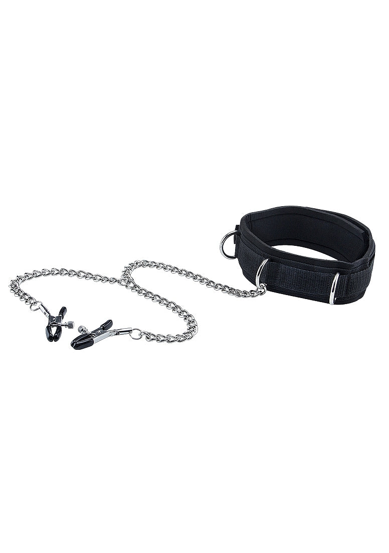 VELCRO COLLAR WITH NIPPLE CLAMPS BLACK