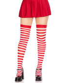 NYLON CANDY STRIPE THIGH HIGHS WHITE RED O/S