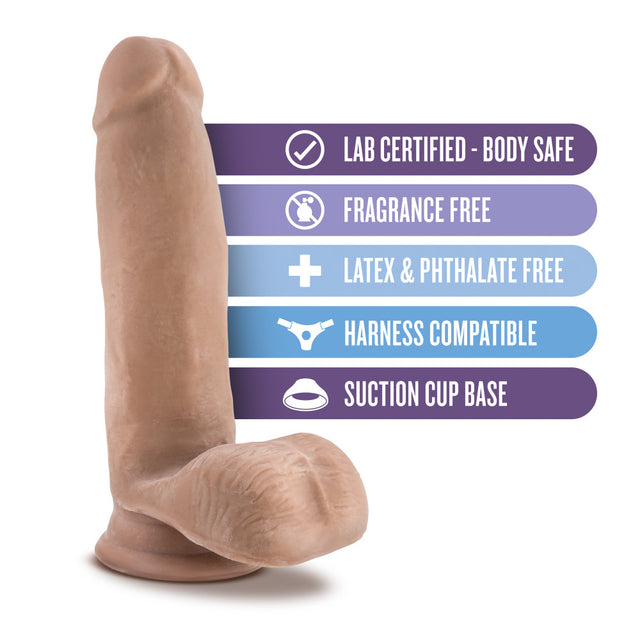 Blush Au Naturel Sensa Feel 7 in Dildo in Latin (tan): realistic dildo with balls and suction cup base, harness compatible