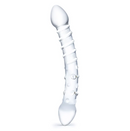 Glas Double Trouble 10 in: clear glass double-ended dildo with a curved shaft, spiral ribs and raised dots