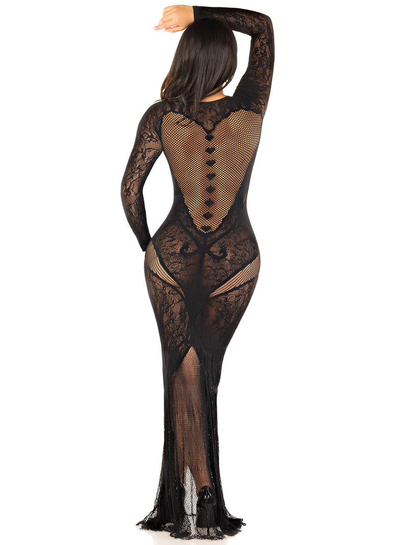 LACE NET LONG SLEEVE BODYCON GOWN BLACK O/S