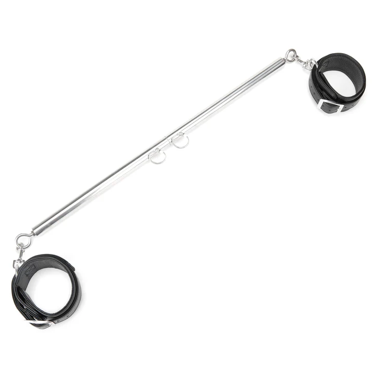 Lux Fetish Expandable Spreader Bar and Cuffs: steel bar with three O-rings and black leatherette ankle cuffs