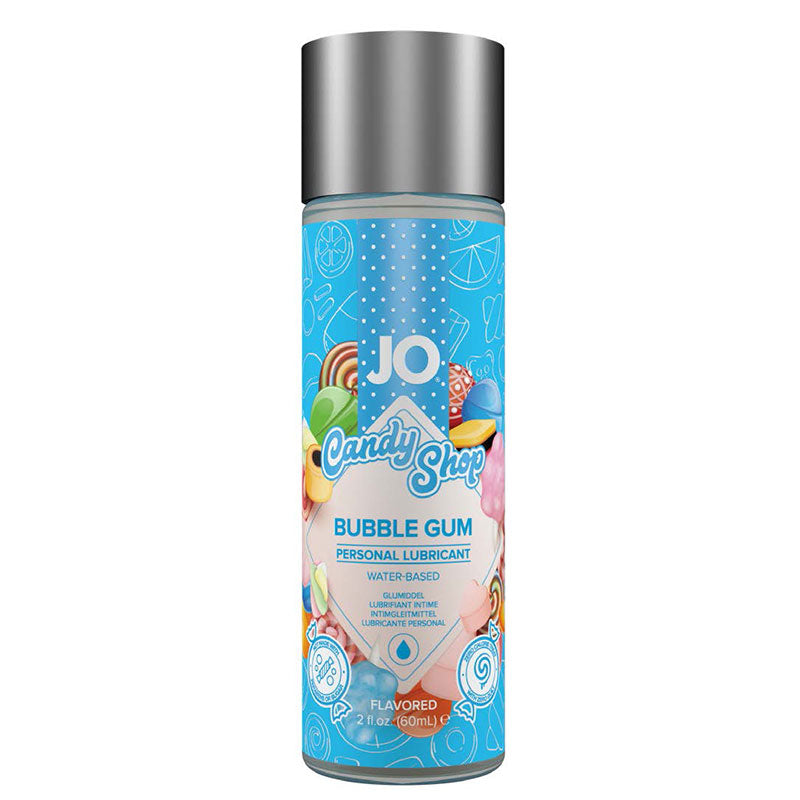 JO Candy Shop Bubble Gum, 2 oz: water-based flavored lubricant in a bottle with a blue candy label