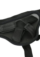 Sportsheets Deep Dive Strap-On: black strap-on harness with an O-ring and hook and loop straps, close-up