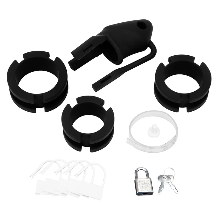 Blue Line silicone mini cock cage with ball divider: black cage, three base rings, plastic locks, padlock and keys