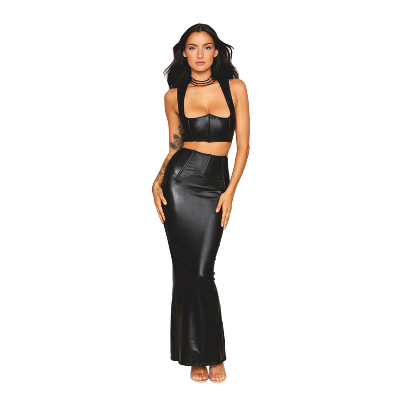 FAUX LEATHER WETLOOK BRA & LONG SLIP SKIRT BLACK LARGE