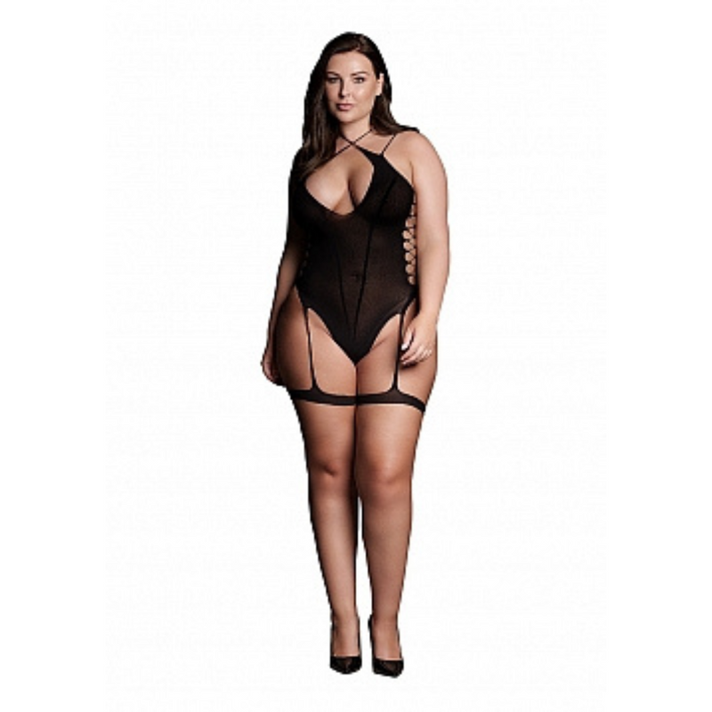 TEDDY WITH GARTERS & CROSSED NECKLINE BLACK P/S