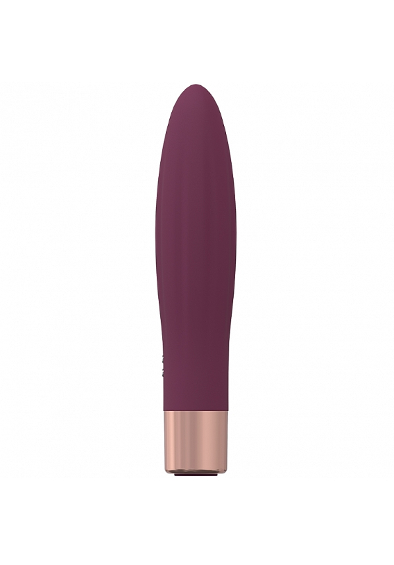 Loveline Fame bullet vibrator in burgundy red: slim tapered silicone vibrator with a rose gold base