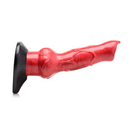 Red Hell-Hound dildo lying flat, side view of its veins and knot