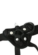 Sportsheets Black Velvet Strap-On and Vibe: black velvet strap-on harness with an O-ring, snap straps and a bullet vibrator
