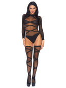 2PC SHEER CHRISS CROSS LONG SLEEVED TEDDY & MATCHING THIGH HIGHS BLACK O/S