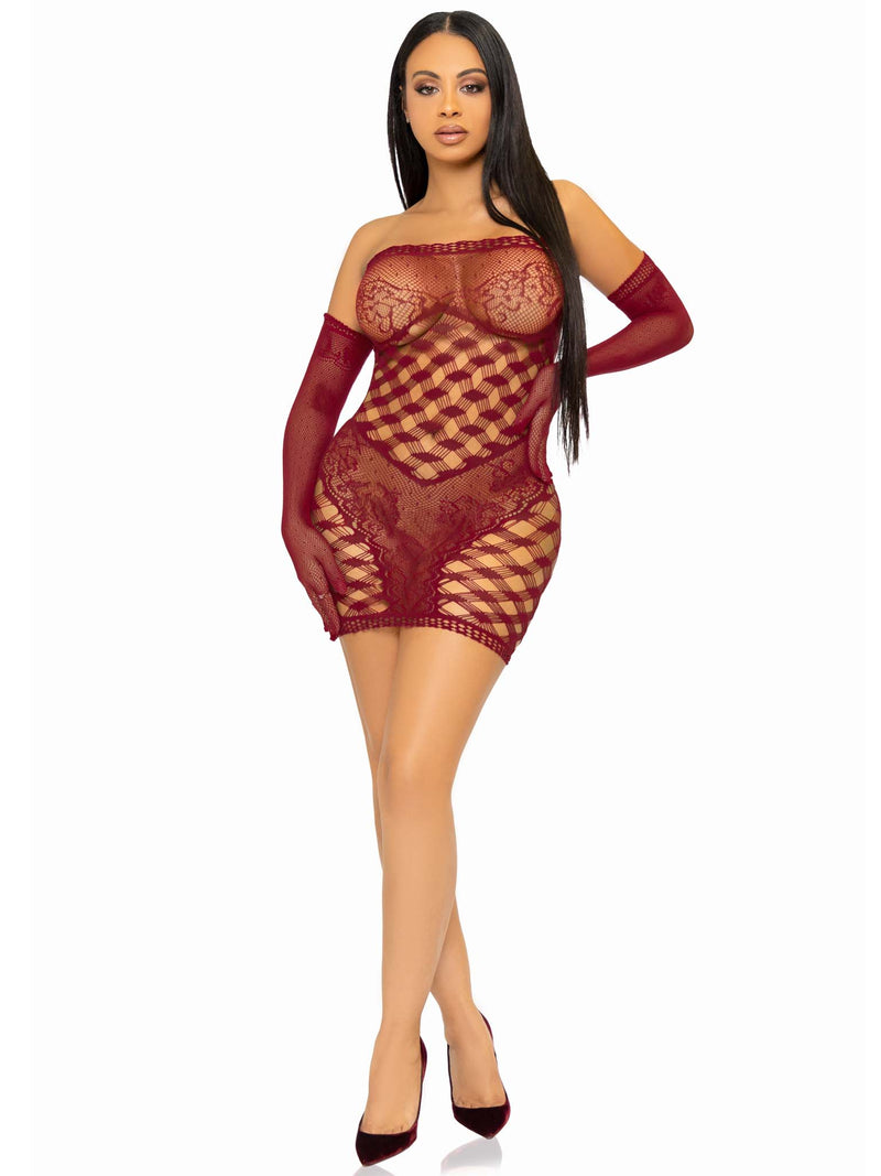 2PC NET & LACE TUBE DRESS & GLOVES BURGUNDY O/S