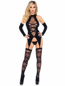 3PC OPAQUE SHEER FAUX LACE UP CAMI GARTER STOCKINGS & MATCHING FINGERLESS GLOVES BLACK O/S