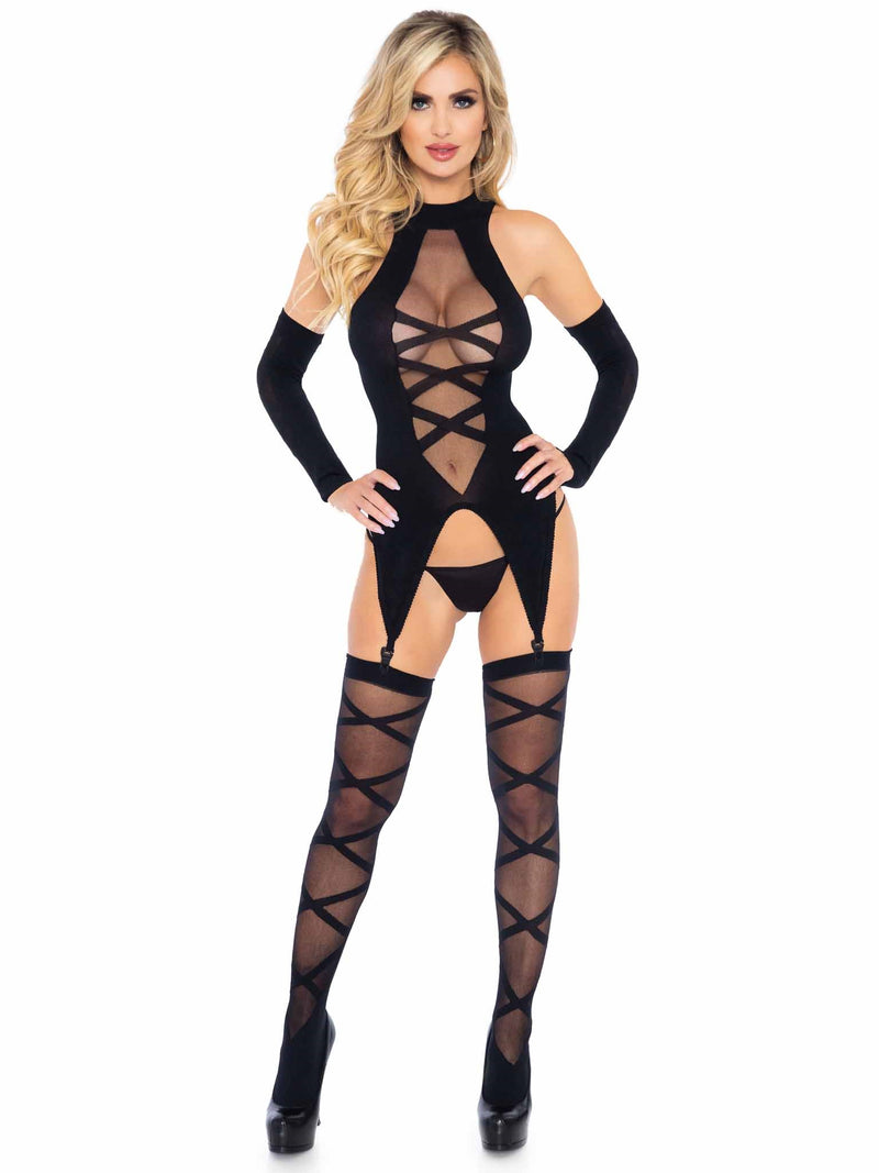 Leg Avenue 3 piece faux lace-up cami set in black: opaque and sheer cami, garter stockings and fingerless gloves
