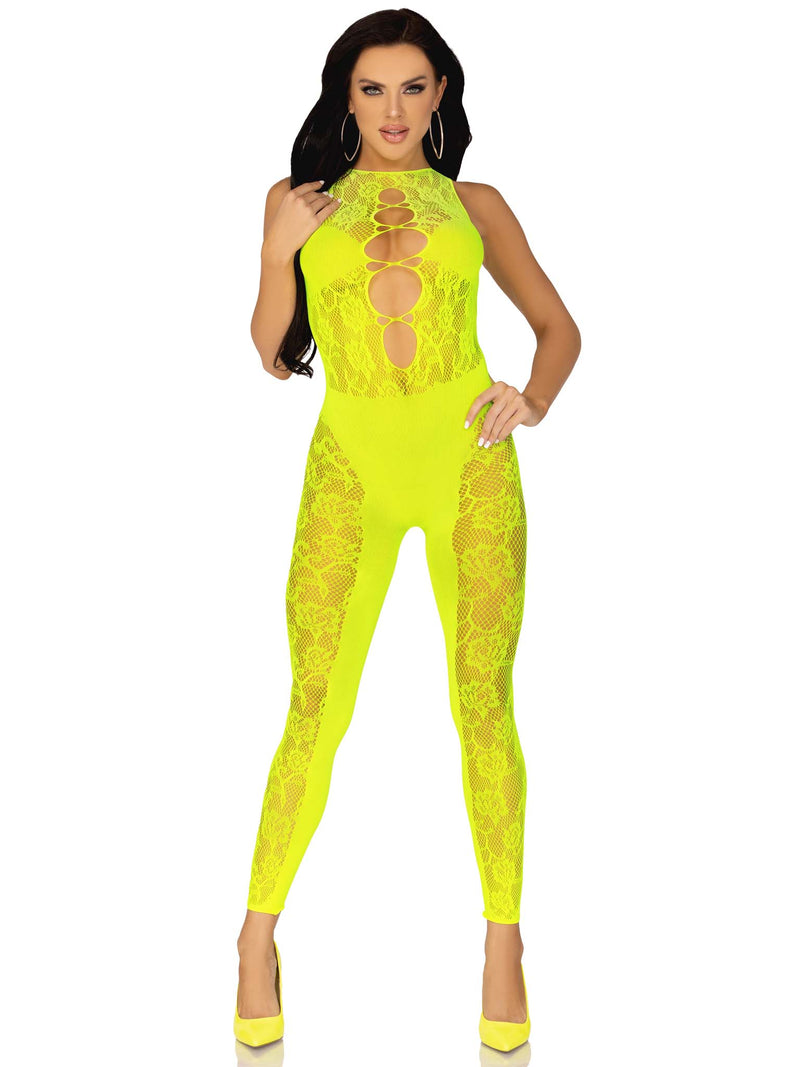 FLORAL LACE CONVERTIBLE FOOTLESS BODYSTOCKING YELLOW O/S
