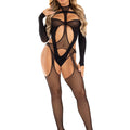 2PC FISHNET SUSPENDER BODYSTOCKING & LAYERED OPAQUE TEDDY BLACK O/S