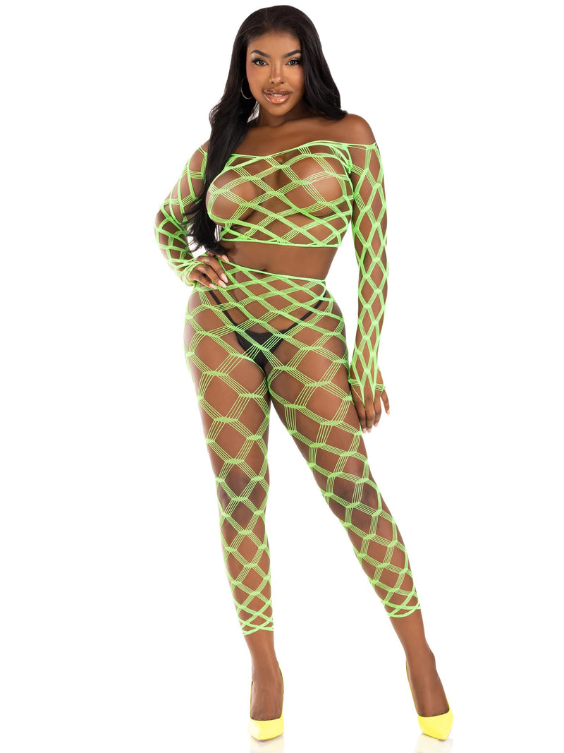 2PC NET CROP TOP & FOOTLESS TIGHTS GREEN O/S