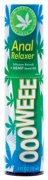 Ooowee Anal Relaxer: 0.5 fl oz (15 ml) bottle of silicone based lubricant with hemp seed oil, green leaf label