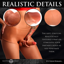Realistic details: close-ups of the Boner Briefs dildo head, balls and textured silicone, worn by a model