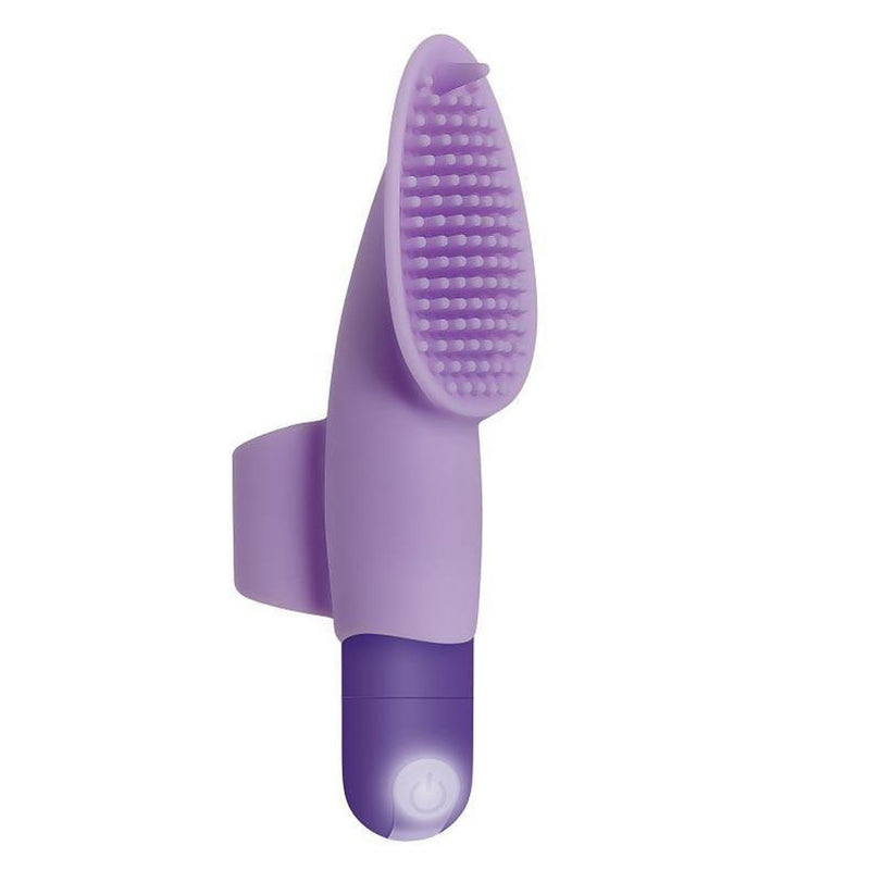 Evolved Fingerific: lavender silicone finger vibrator sleeve with a nubbed tip over a purple bullet vibrator