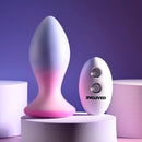 Evolved Paradise Plug and Remote: lavender and pink ombre silicone vibrating butt plug with a white Evolved remote